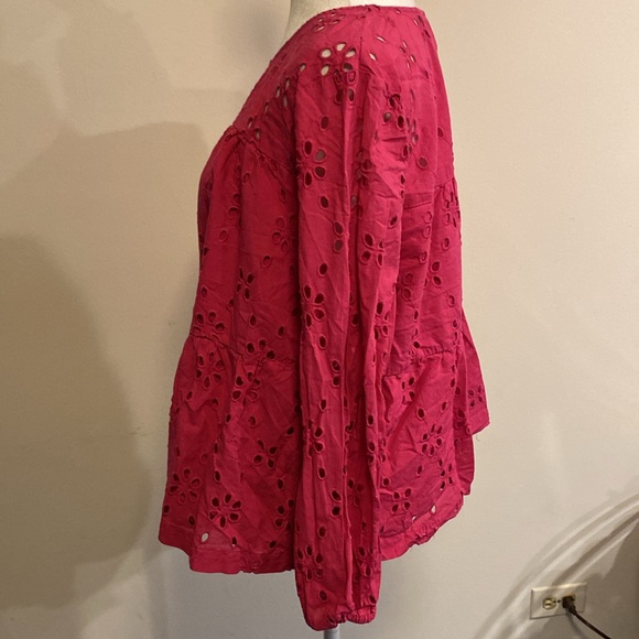 J CREW factory tiered popover eyelet fuchsia blouse size XL - Picture 6 of 10